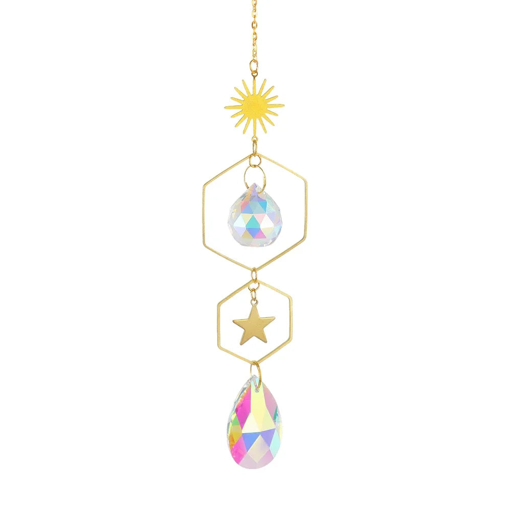 Faceted crystal rainbow suncatcher with octagon beads for catching sun rays, producing rainbow reflections, and stylish window decor.