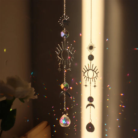 Crystal Prism Sun Catcher Wind Chime faceted crystal hanging for window decor, prism light display, and calming interior styling.