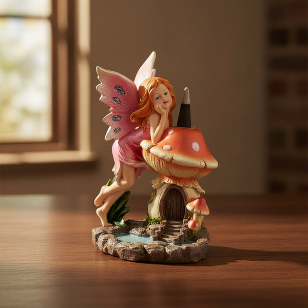 Fairy and Mushroom Backflow Incense Burner, 7 inch cold-cut resin