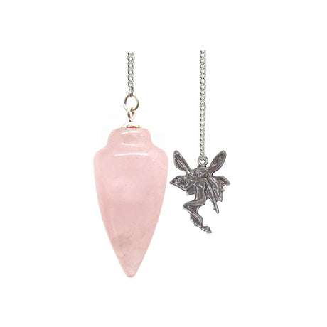 Fairy Curved Rose Quartz Pendulum with silvery fairy attachment
