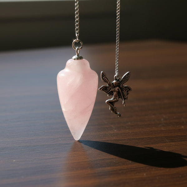 Fairy Curved Rose Quartz Pendulum with silvery fairy attachment