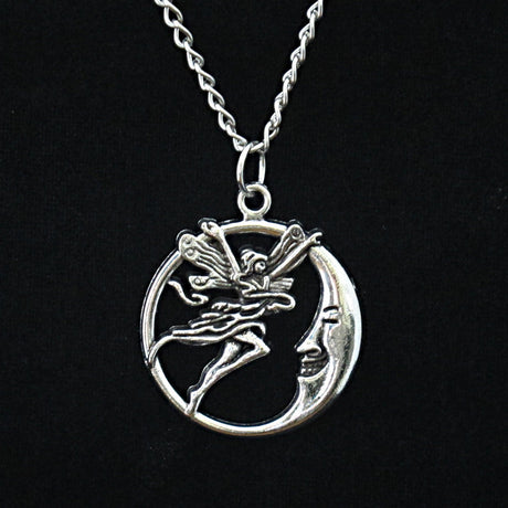 Fairy Moon Pendant Necklace, silver-plated with crescent moon design