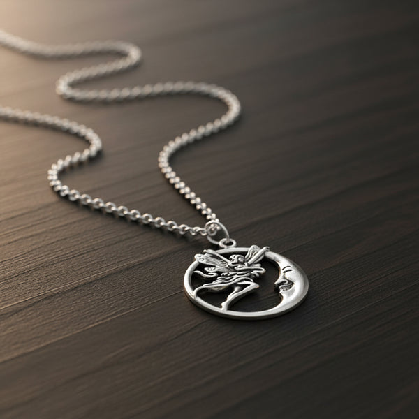 Fairy Moon Pendant Necklace, silver-plated with crescent moon design