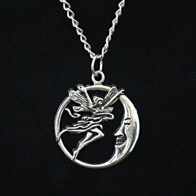 Fairy Moon Pendant Necklace, silver-plated with crescent moon design