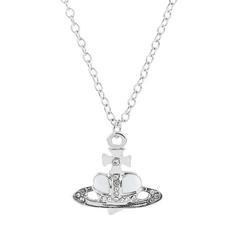 Trendy Silver Heart & Saturn Pendant jewelry necklace for party styling, everyday accessorizing, and gift-ready fashion wear.