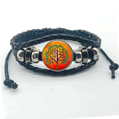 Fashion Tree of Life multilayer bracelet with leather straps for stylish wrist wear and everyday outfit enhancement.