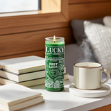 FAST LUK Green 7 Day prayer candle in glass for luck drawing, intention setting, and devotional practice.