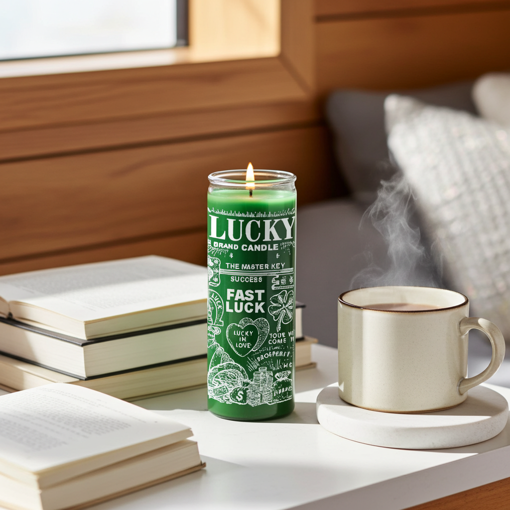 FAST LUK Green 7 Day prayer candle in glass for luck drawing, intention setting, and devotional practice.
