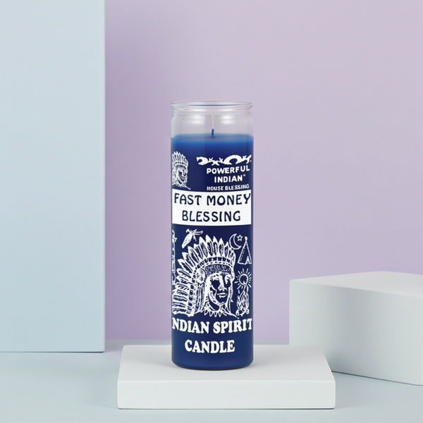 Fast Money Blessing blue glass prayer candle for money blessings, devotional practice, and manifestation use.