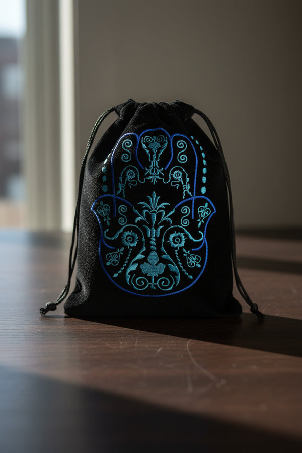 Fatima Hand Black Velvet Embroidered Bag with Hamsa design