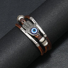 Fatima Hand Evil Eye leather bracelet with charm accents for daily protection, casual accessorizing, and meaningful gift use.