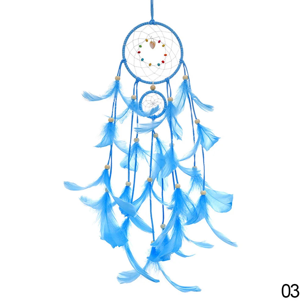 Feathered dreamcatcher LED room pendant for teen room decor, gentle accent lighting, and stylish hanging decoration.