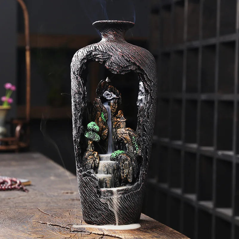 Feng Shui Resin Waterfall Incense Burner decorative resin holder for incense cone use, stress relief, and calming room ambiance.