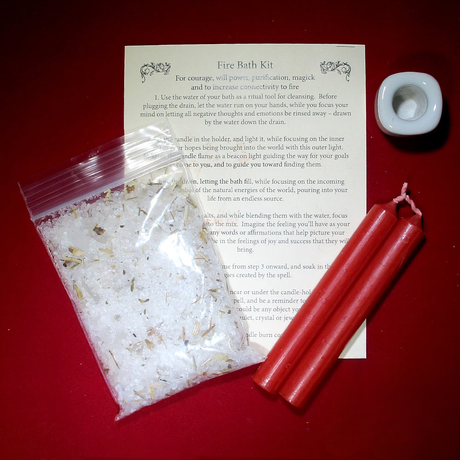 Fire Mini Ritual Bath Kit with candles, holder, and sea salt blend