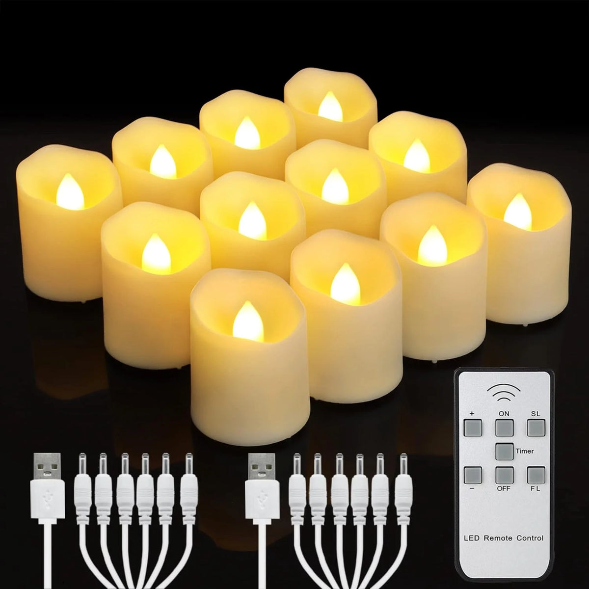 Flameless rechargeable LED tea lights for centerpieces, evening mood lighting, and safe decorative use.