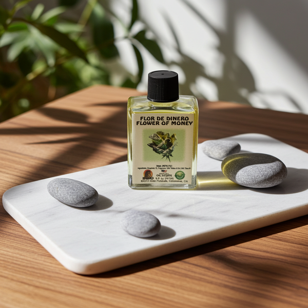 Flor De Dinero Flower of Money Wish Oil bottle for prosperity rituals, money drawing, and intention setting.