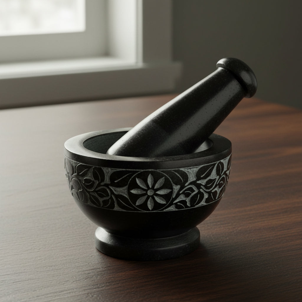 Floral carved black soapstone mortar and pestle, 4 inch
