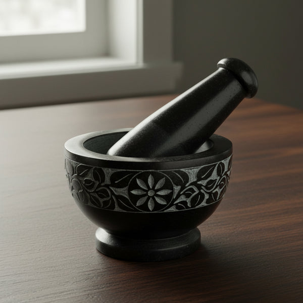 Floral carved black soapstone mortar and pestle, 4 inch