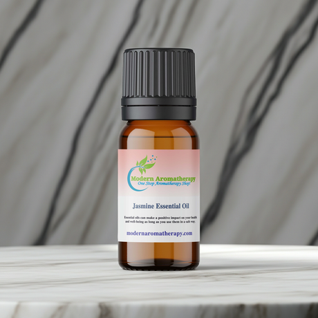 Floral jasmine essential oil glass bottle for scenting rooms, aromatherapy routines, and personal wellness use.