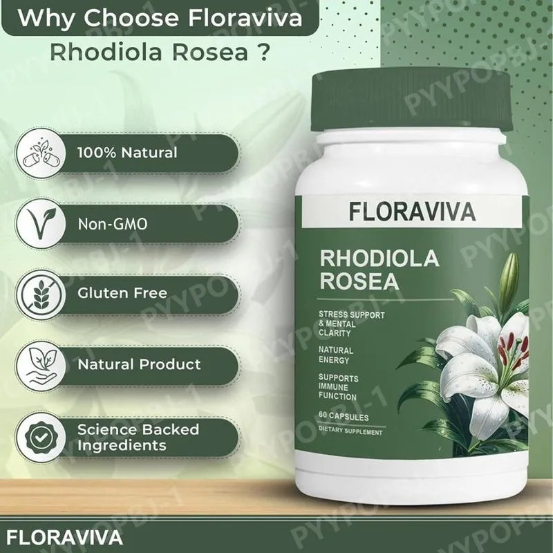 Floraviva Rhodiola Rosea 500mg capsules bottle for adult stress support and daily natural supplement use.