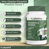 Floraviva Rhodiola Rosea 500mg capsules bottle for adult stress support and daily natural supplement use.