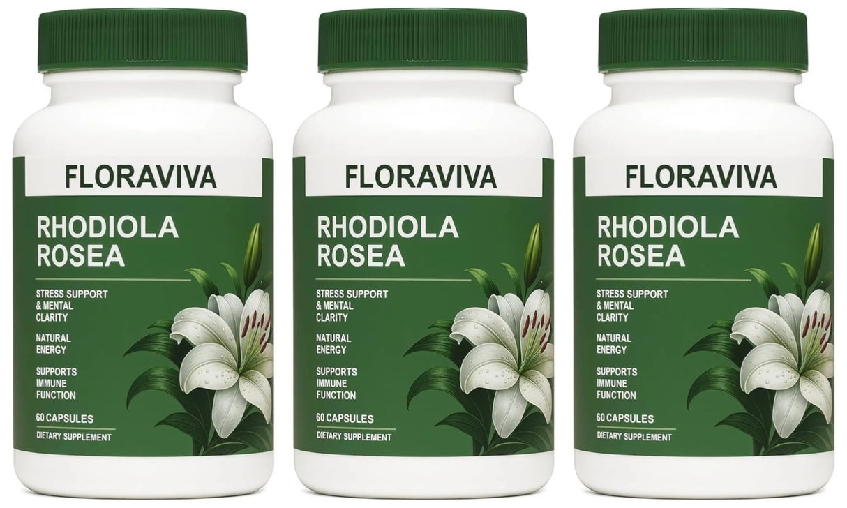 Floraviva Rhodiola Rosea 500mg natural supplement capsules bottle for stress support and everyday wellness routines.