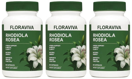 Floraviva Rhodiola Rosea 500mg natural supplement capsules bottle for stress support and everyday wellness routines.