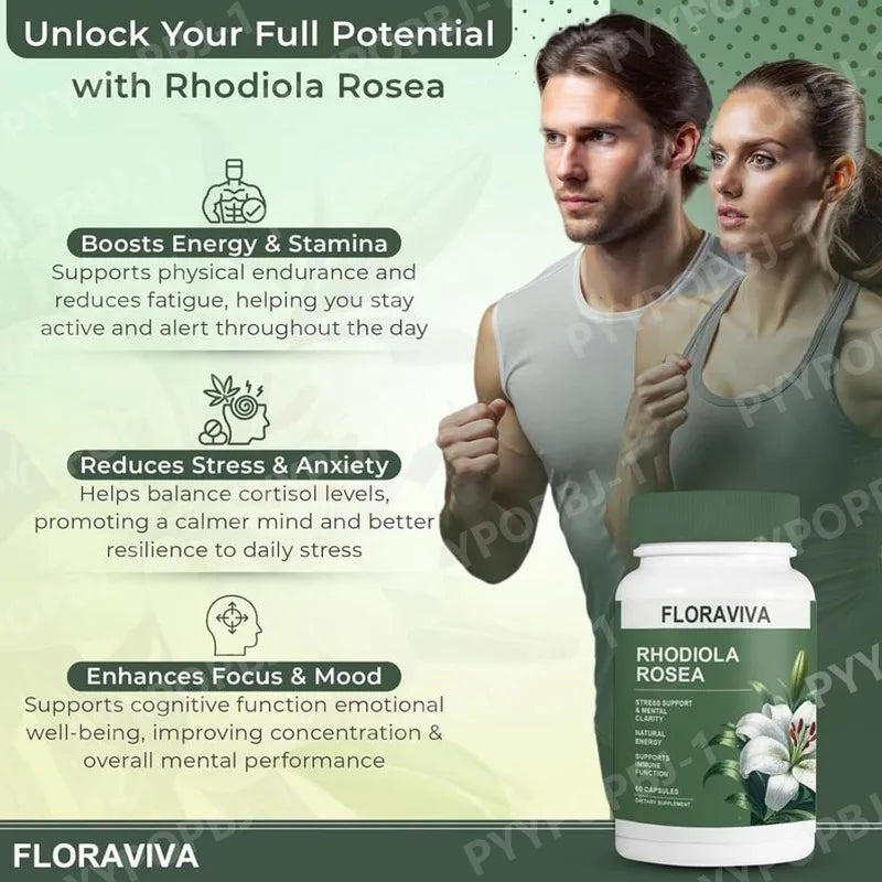 Floraviva Rhodiola Rosea adaptogen supplement capsules bottle for stress support and convenient daily capsule use.