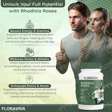 Floraviva Rhodiola Rosea adaptogen supplement capsules bottle for stress support and convenient daily capsule use.