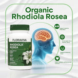 Floraviva Rhodiola Rosea capsules bottle for natural stress support and regular herbal wellness supplementation.
