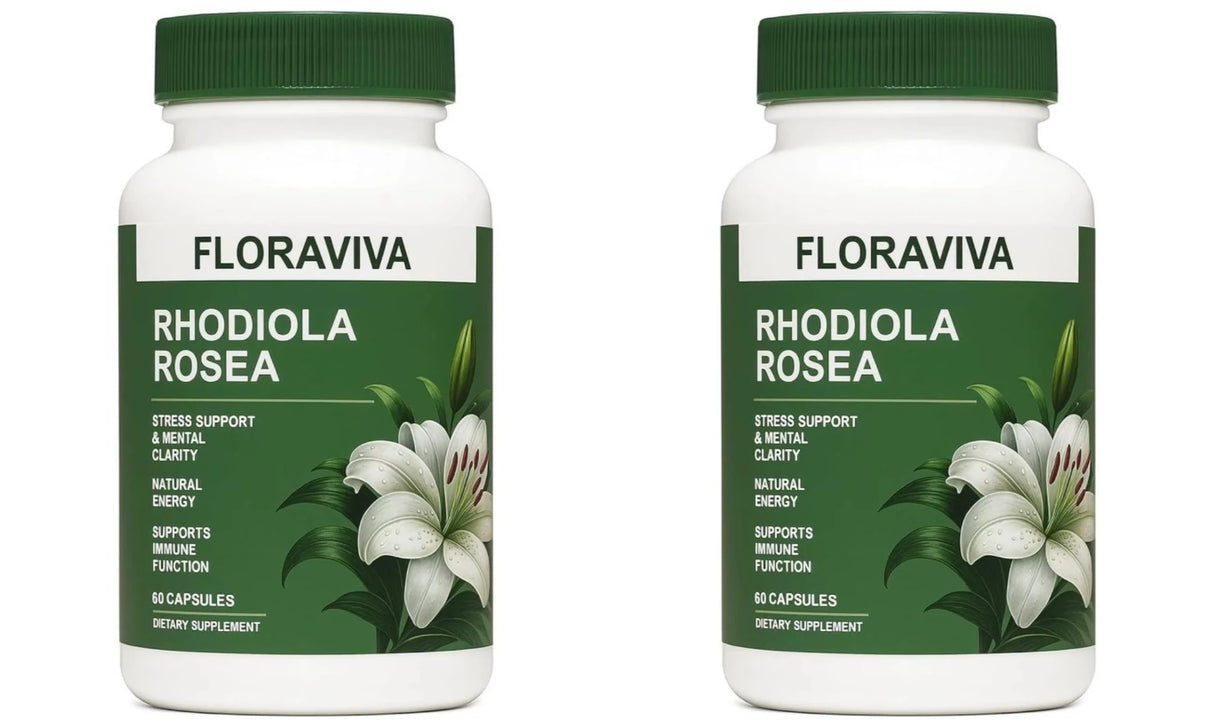 Floraviva Rhodiola Rosea dietary capsules bottle for stress support and daily herbal formula supplementation.