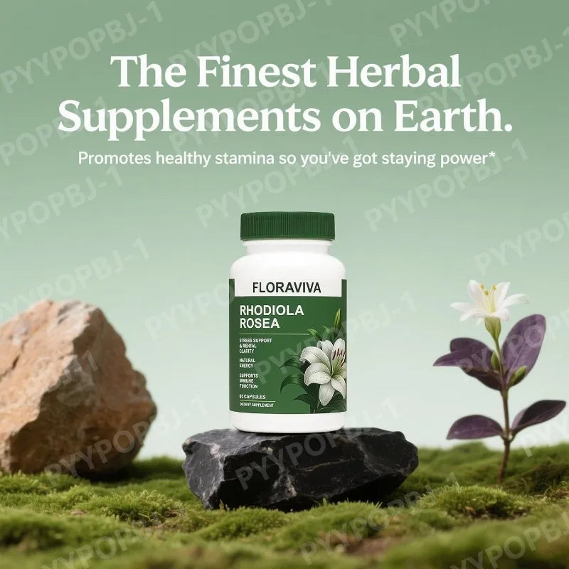 Floraviva Rhodiola Rosea herbal capsules bottle for daily stress support and routine adaptogen wellness use.