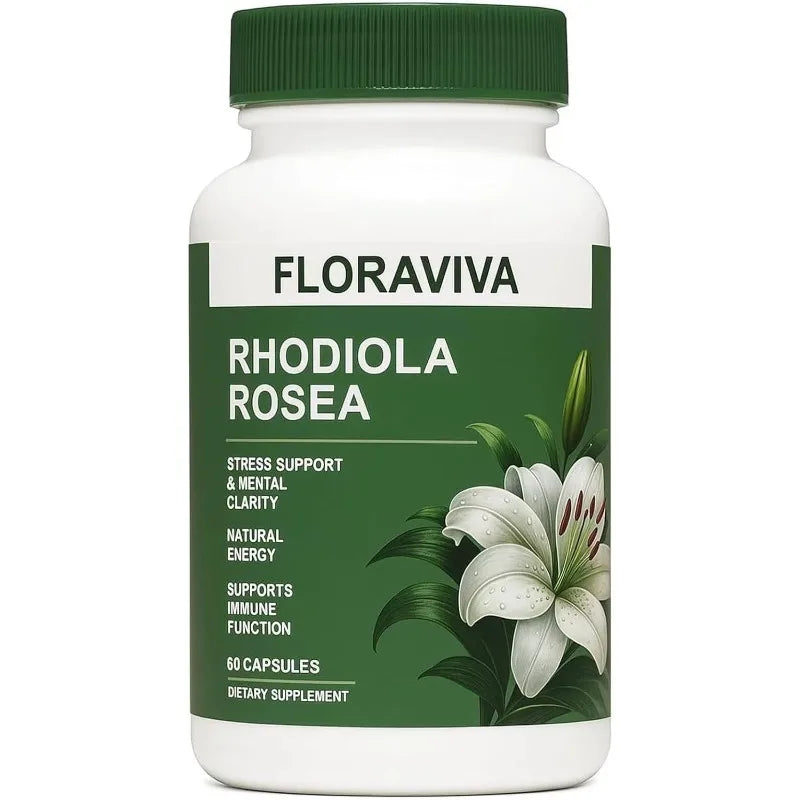 Floraviva Rhodiola Rosea stress support capsules bottle for adults seeking daily adaptogen supplement use.