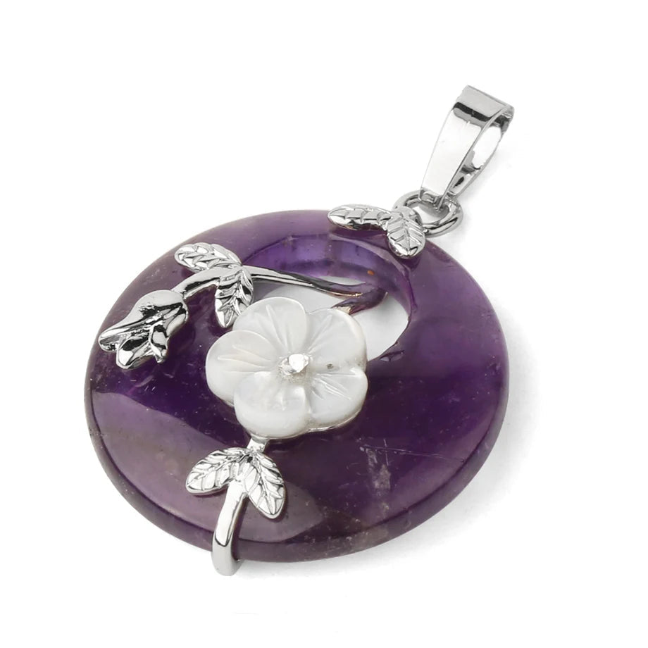 Flower carved stone donut pendant charm for handmade necklaces, custom jewelry projects, and gift creation.