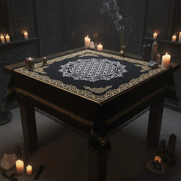 Flower of Life altar cloth, 18x18 inch, gold and silver on black
