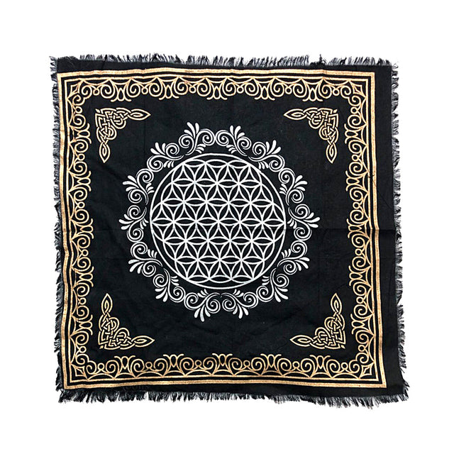 Flower of Life altar cloth, 18x18 inch, gold and silver on black