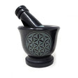 Flower of Life carved black soapstone mortar and pestle, 2.75 inch