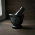 Flower of Life carved black soapstone mortar and pestle, 2.75 inch