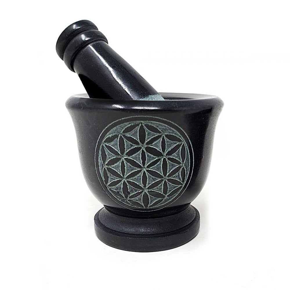 Flower of Life carved black soapstone mortar and pestle, 2.75 inch