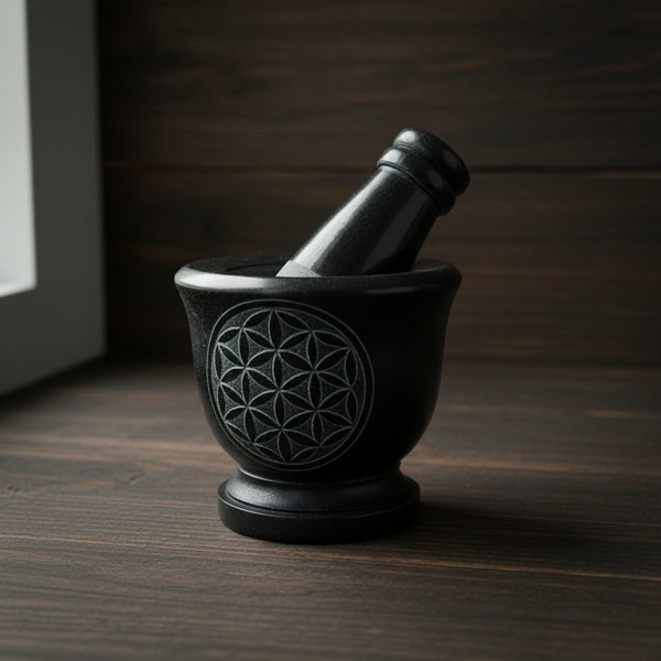 Flower of Life carved black soapstone mortar and pestle, 2.75 inch