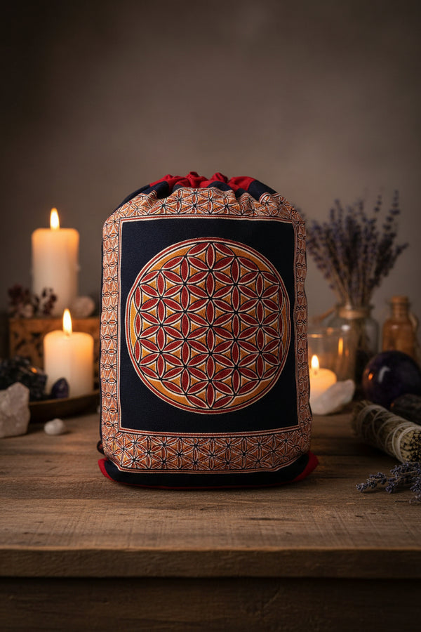 Flower of Life canvas backpack, handmade in India