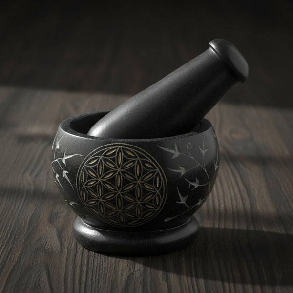 Flower of Life gold-carved mortar and pestle, 3.5 inch