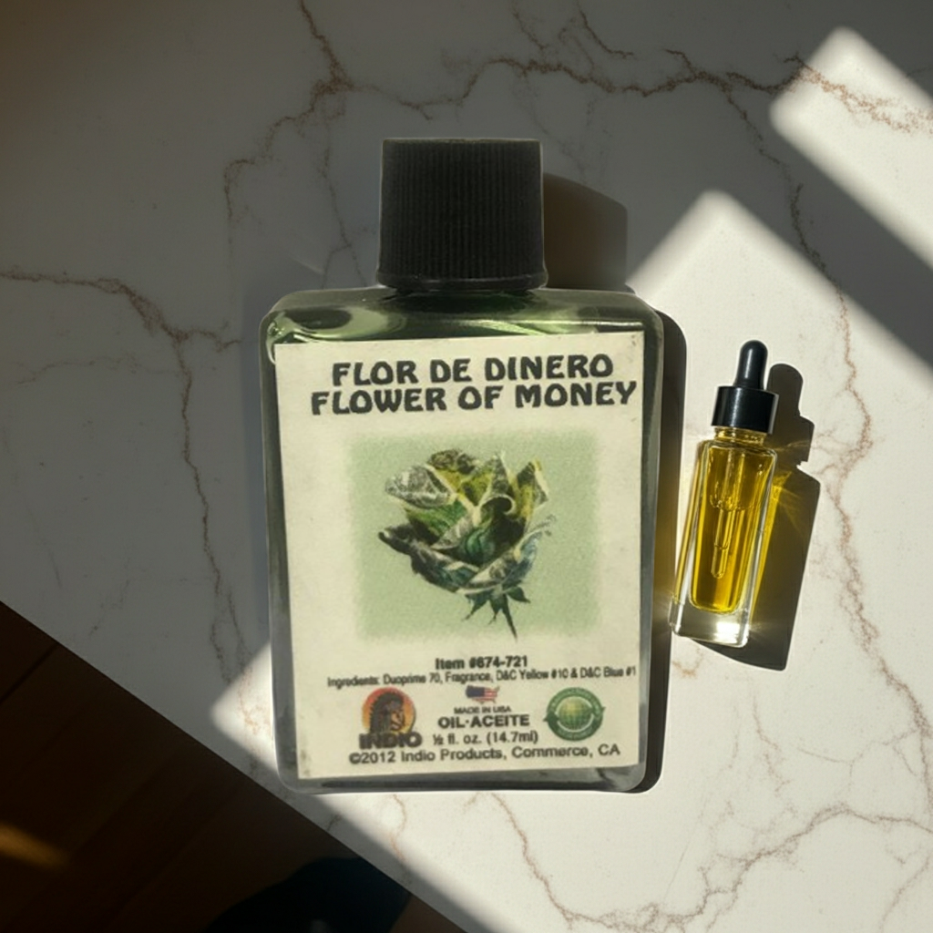 Flower of Money Wish Oil bottle for prosperity practice, abundance prayers, and manifestation use.