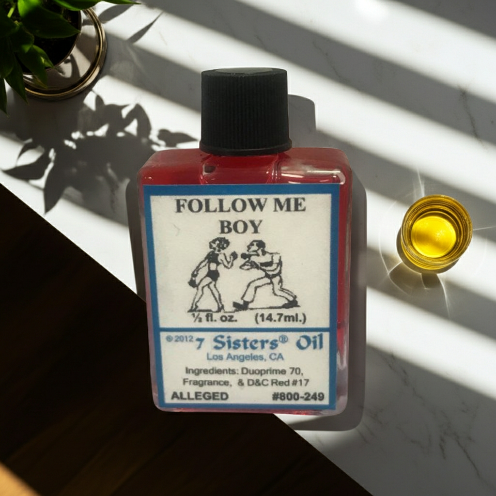 Follow Me Boy Wish Oil ritual oil bottle for love-focused ceremonies, anointing, and manifestation work.