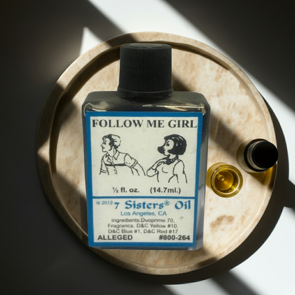 Follow Me Girl Wish Oil ritual oil bottle for manifestation, prayer work, and altar use.