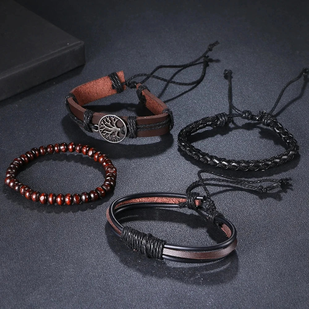 Men’s 4-piece braided leather bracelets set for wrist styling, casual fashion, and everyday wear.
