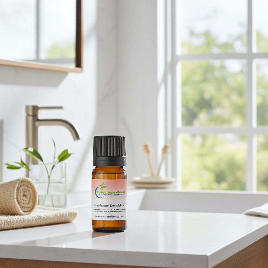 Frankincense essential oil bottle for diffuser use, contemplative aromatherapy, and calming daily wellness routines.