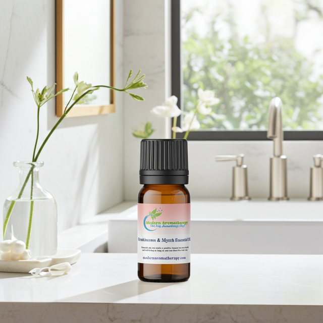Frankincense & Myrrh essential oil bottle for aromatherapy, relaxation, and daily wellness use.