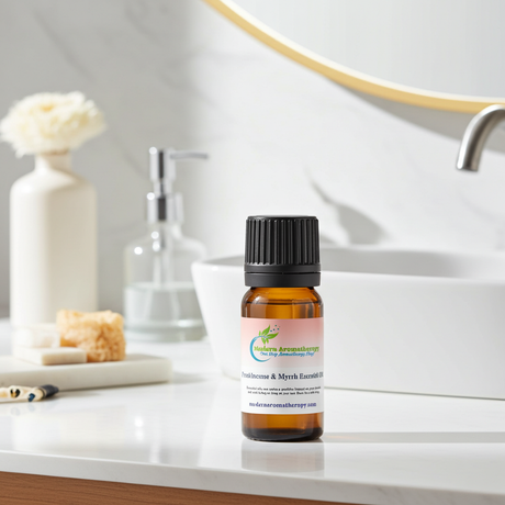 Frankincense & Myrrh essential oil dropper bottle for massage blends, diffuser use, and calming home fragrance.