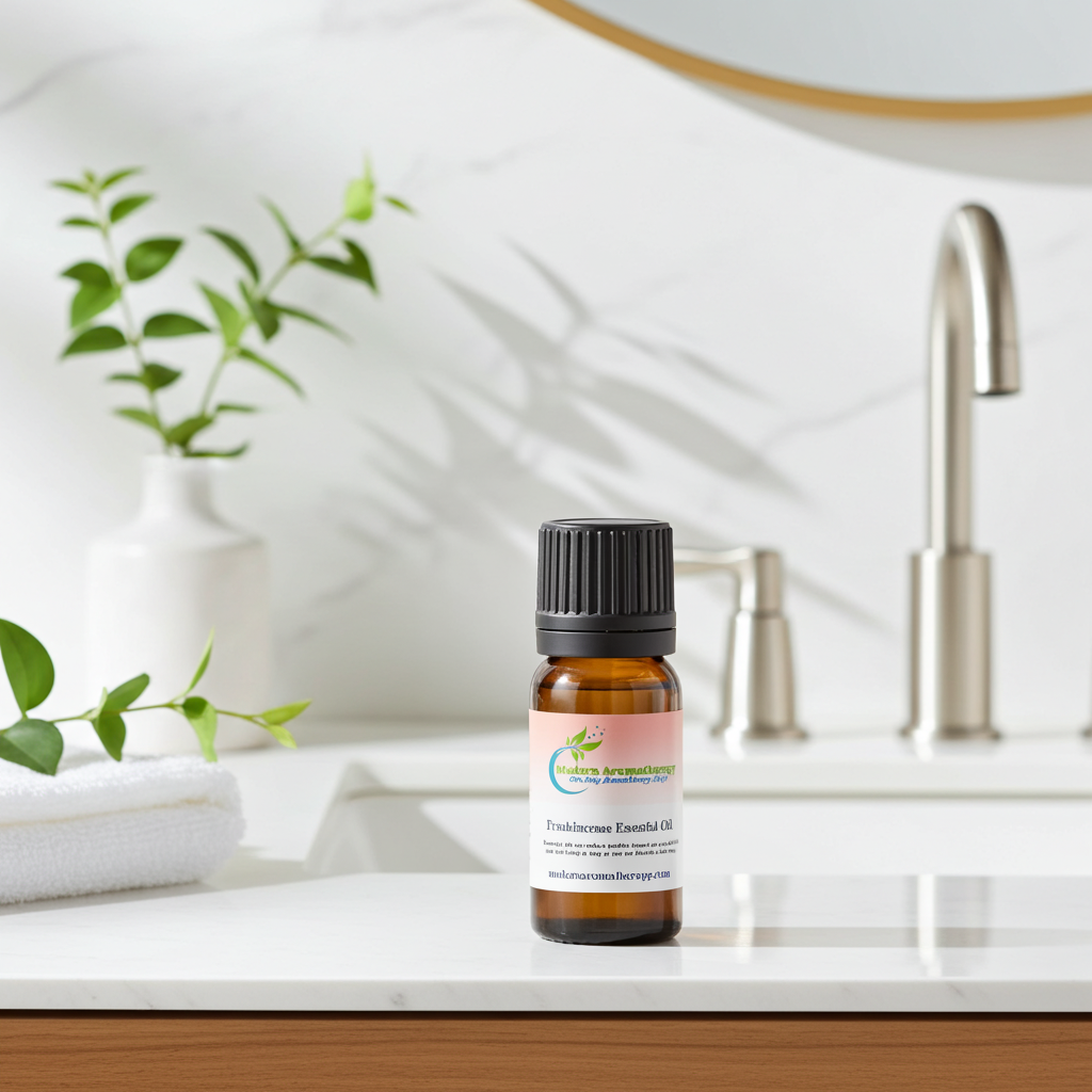 Frankincense essential oil bottle for meditation practice, peaceful atmosphere diffusing, and resinous home scenting.